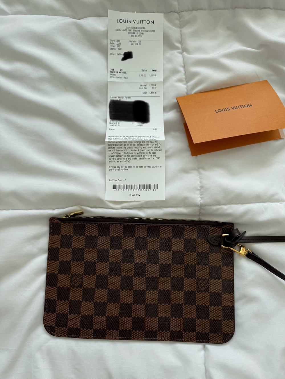 Louis Vuitton Brown Damier Ebene Wristlet Pouch with Gold Hardware